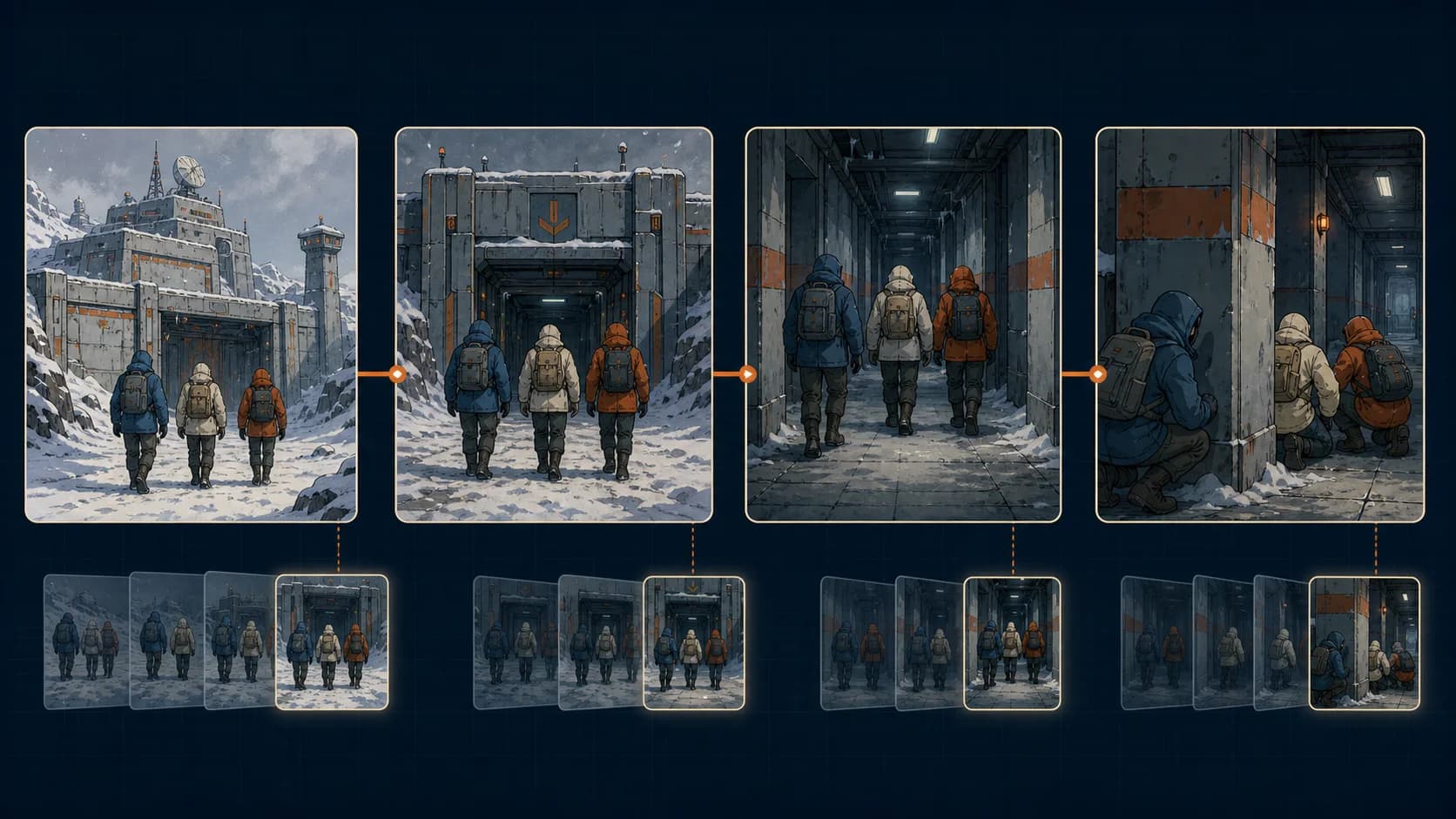 Four linked story states with transition frames between them