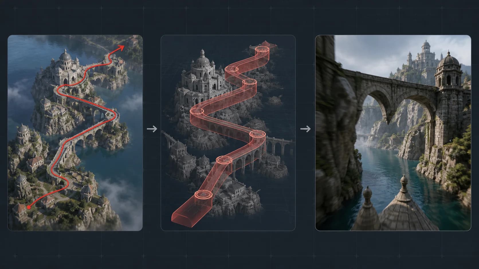 Seedance 2.0 path-control workflow from a marked guide image to a generated FPV camera move